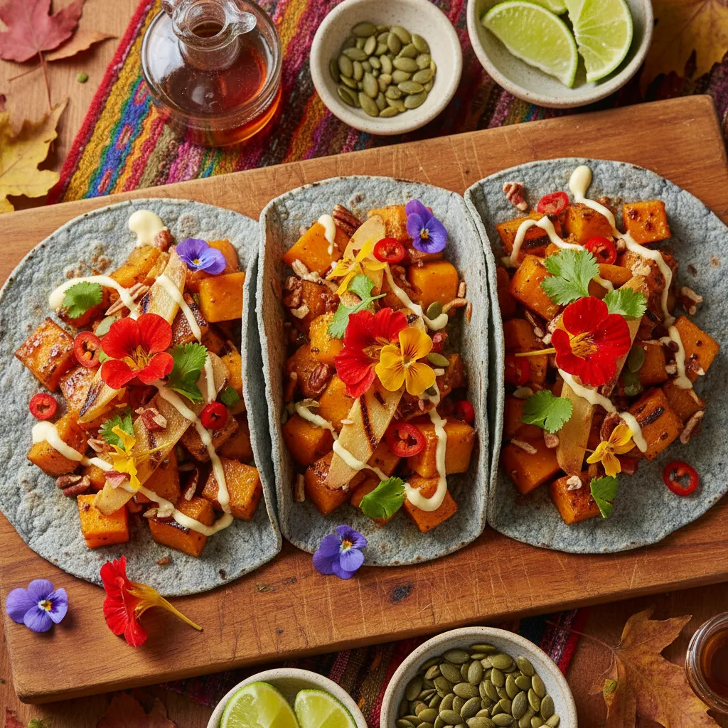 Savory Maple Ginger Butternut Squash Tacos with Edible Flower Garnish