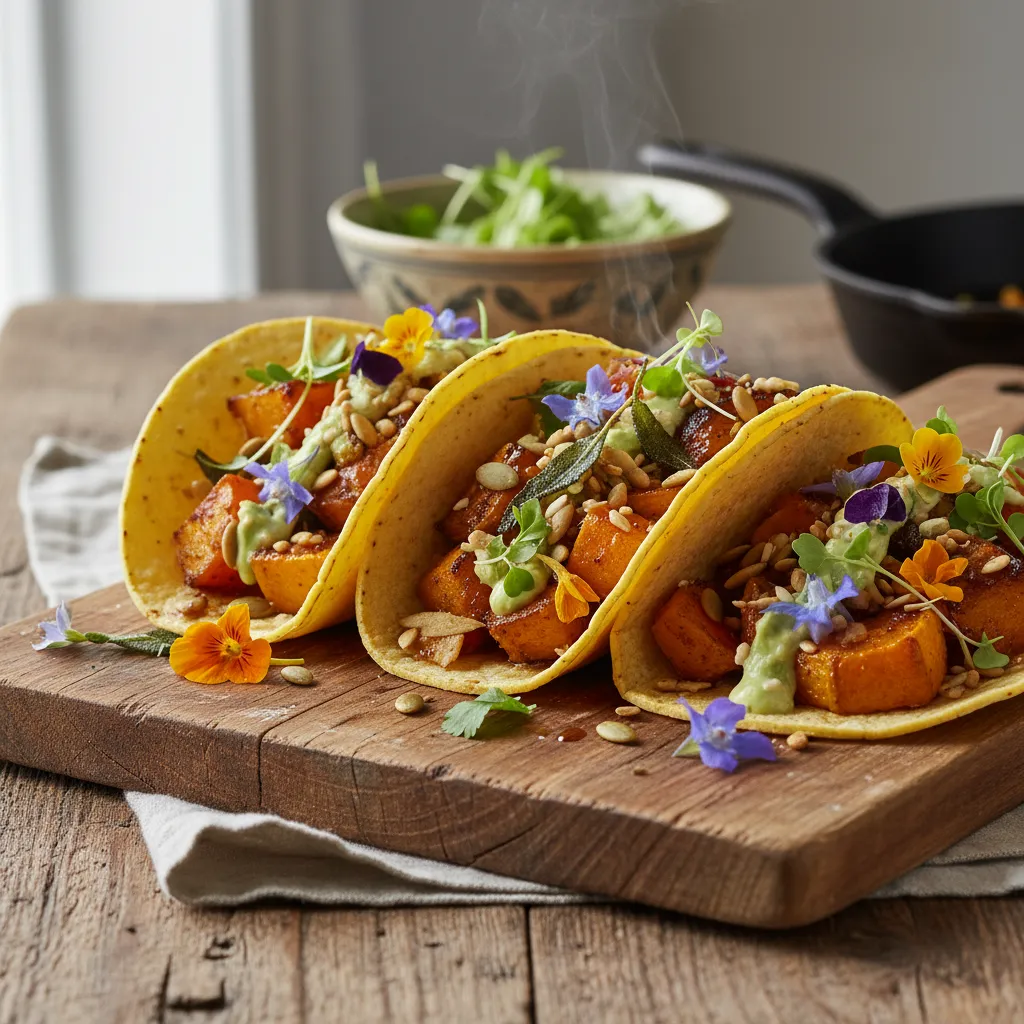 Savory Maple Ginger Butternut Squash Tacos with Edible Flower Garnish