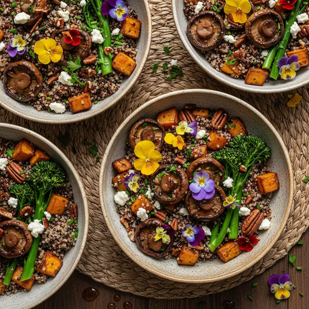 Savory Maple Roasted Mushroom Quinoa Bowls with Edible Flower Garnish