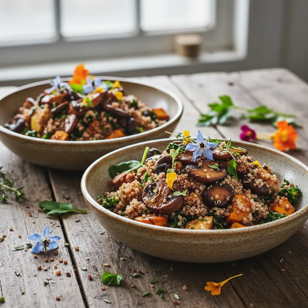 Savory Maple Roasted Mushroom Quinoa Bowls with Edible Flower Garnish