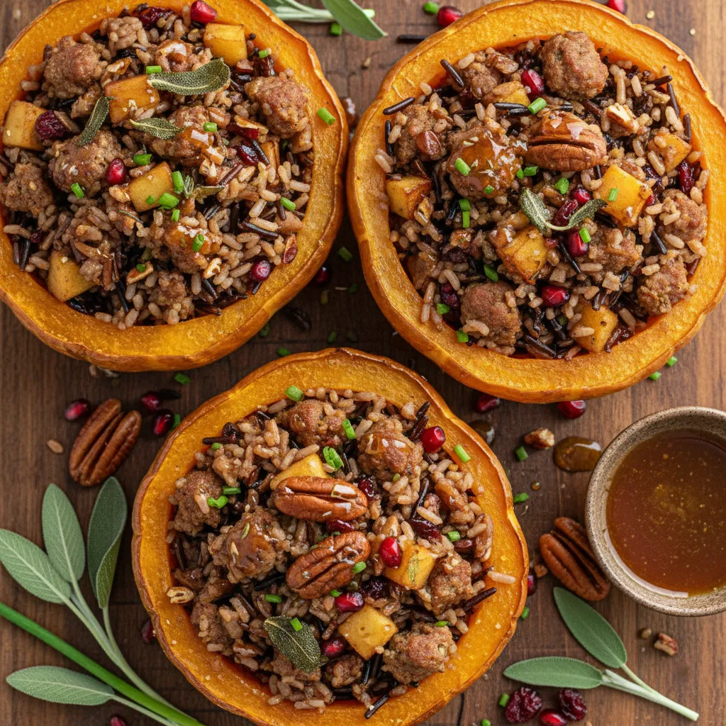 Savory Maple Sage Stuffed Acorn Squash with Wild Rice
