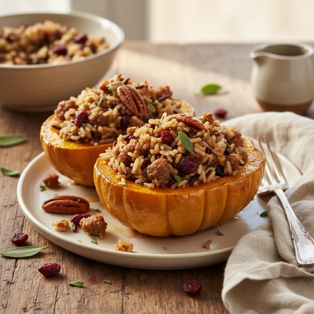 Savory Maple Sage Stuffed Acorn Squash with Wild Rice
