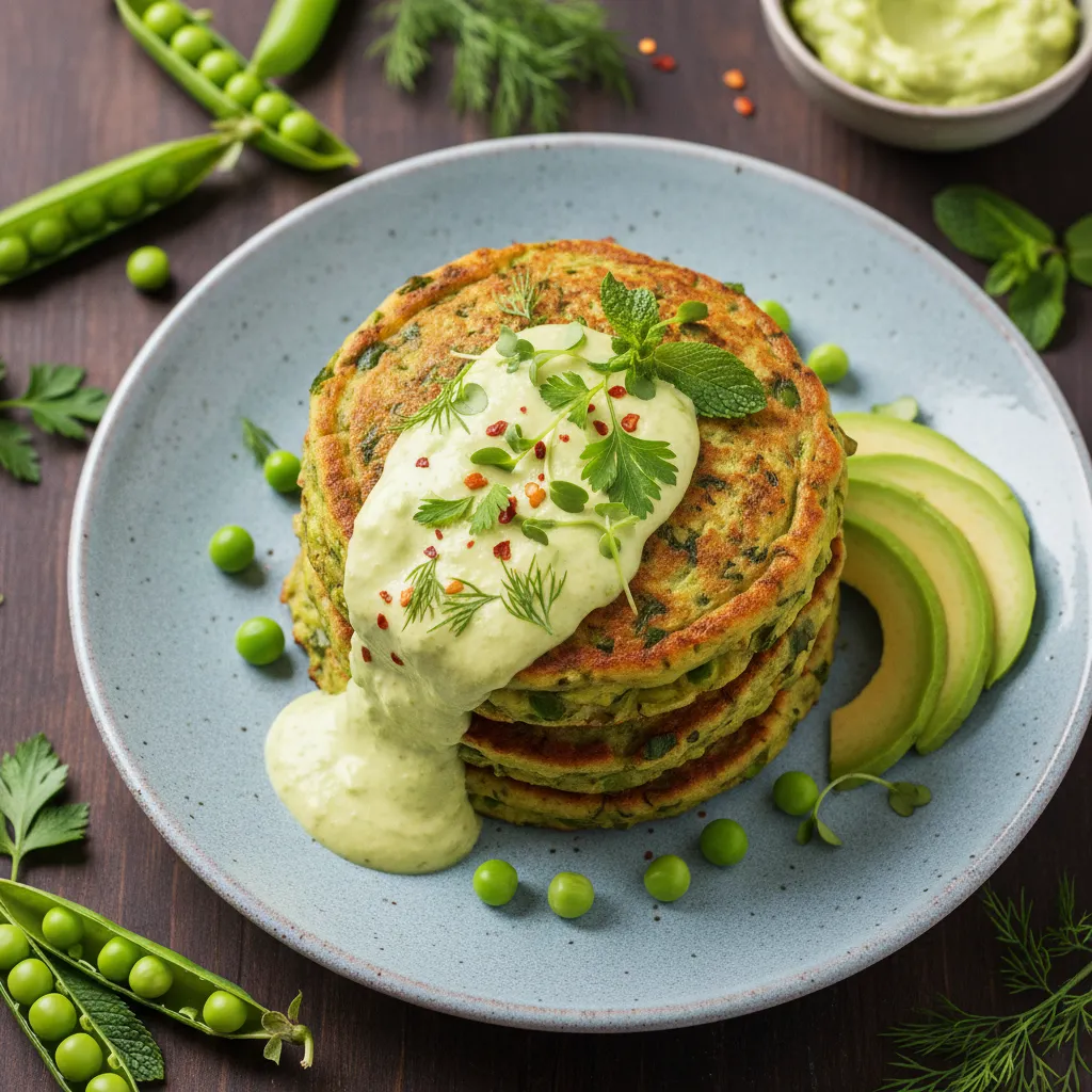 Savory March Pea & Herb Pancakes with Avocado Cream