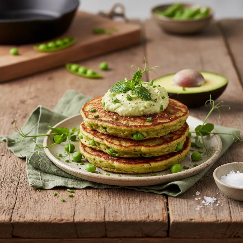 Savory March Pea & Herb Pancakes with Avocado Cream