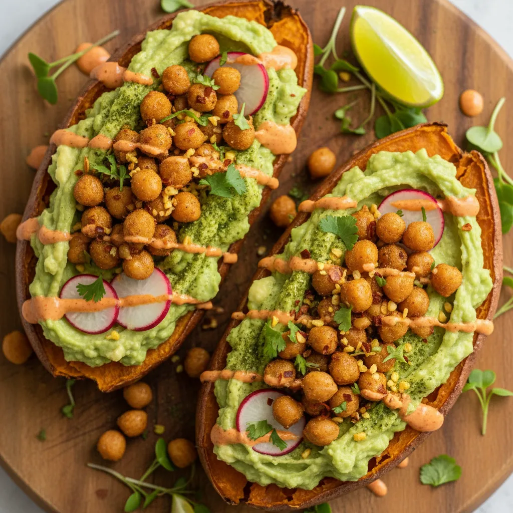 Savory Matcha Avocado Stuffed Sweet Potatoes with Spicy Chickpea Crumbles