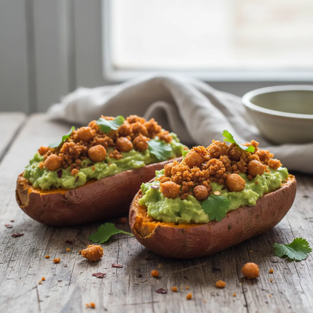 Savory Matcha Avocado Stuffed Sweet Potatoes with Spicy Chickpea Crumbles