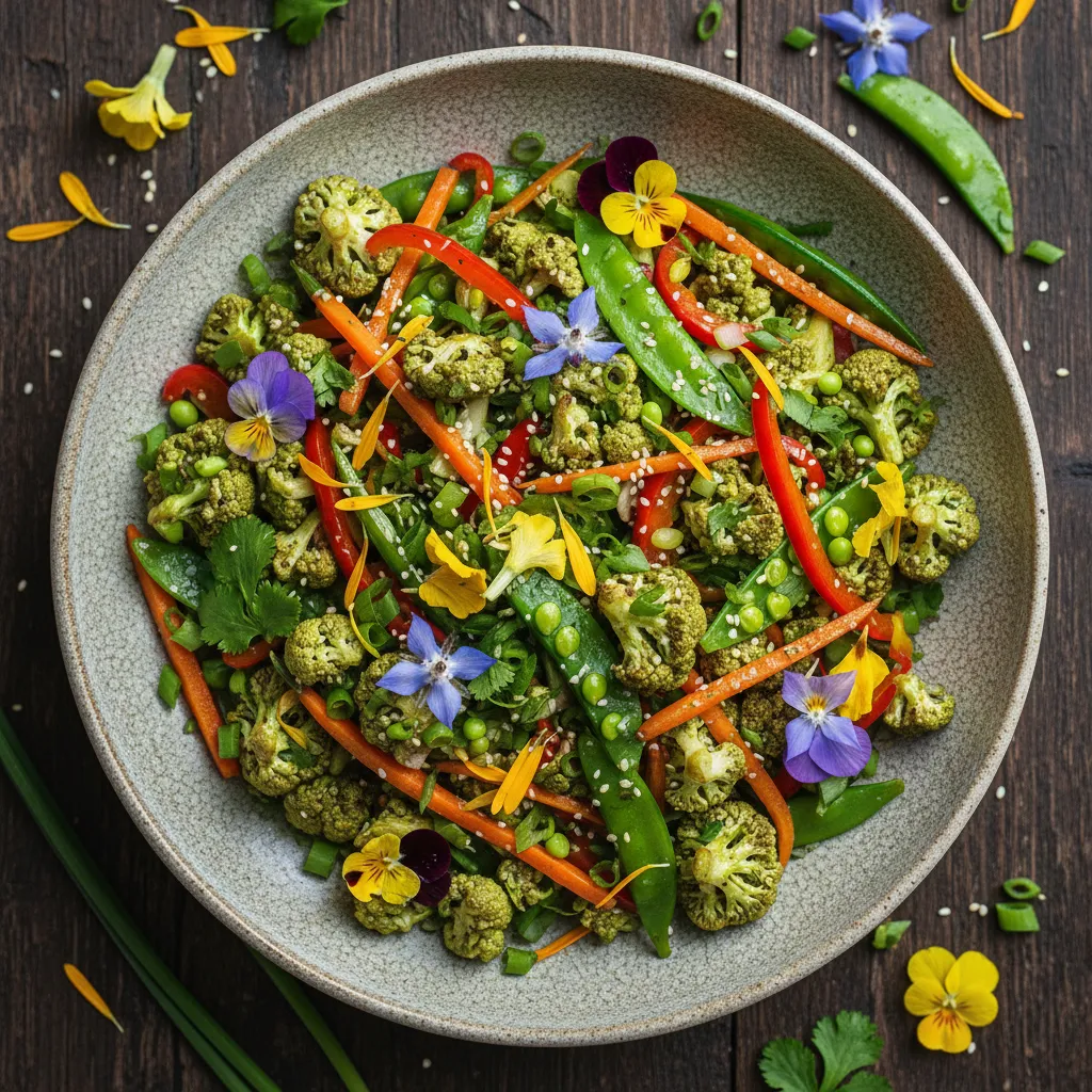 Savory Matcha Cauliflower Rice Stir-Fry with Edible Flowers