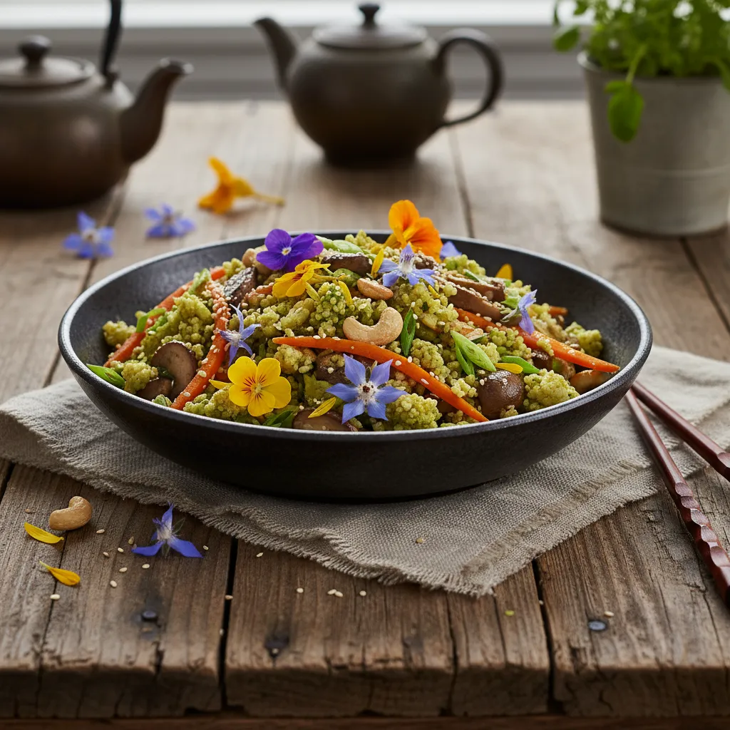 Savory Matcha Cauliflower Rice Stir-Fry with Edible Flowers