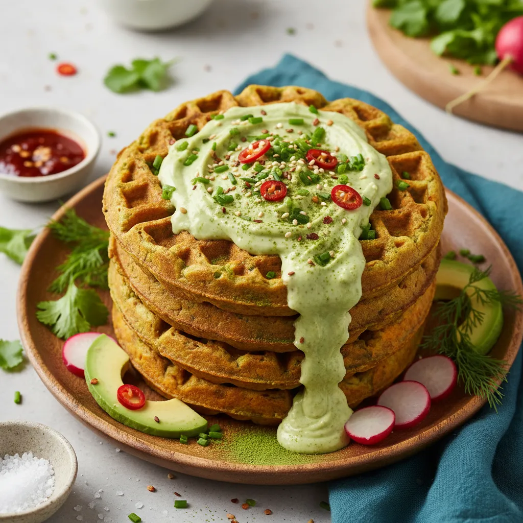 Savory Matcha Infused Sweet Potato Waffles with Avocado Cream