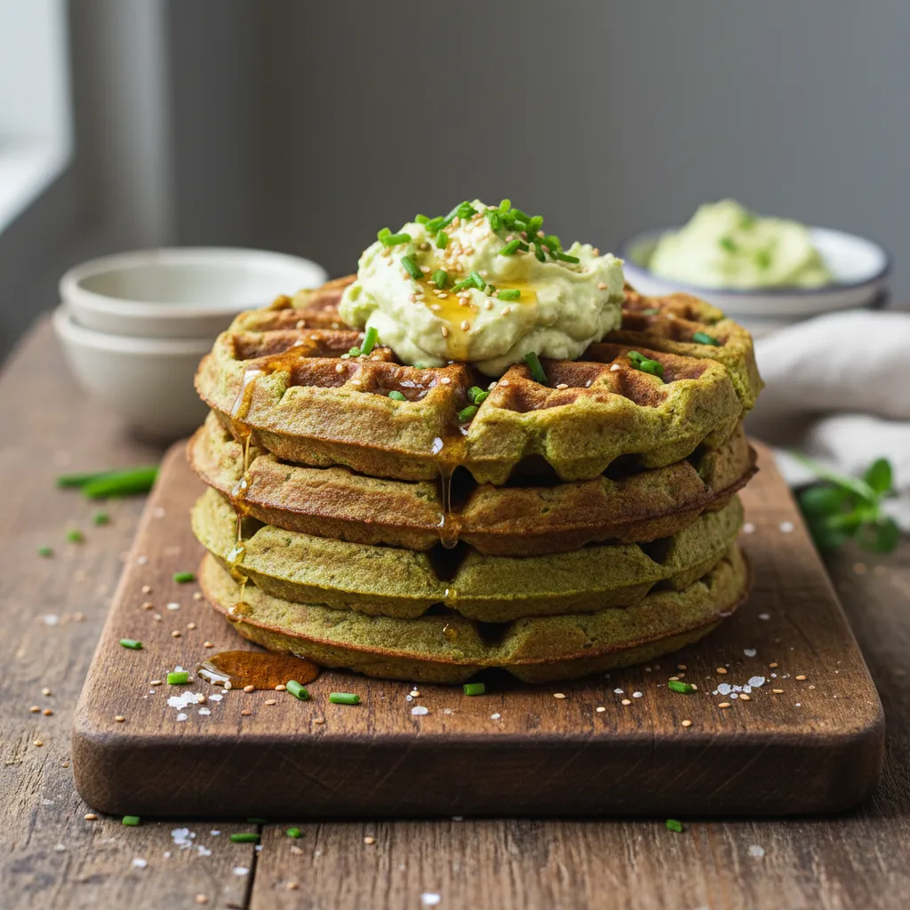Savory Matcha Infused Sweet Potato Waffles with Avocado Cream