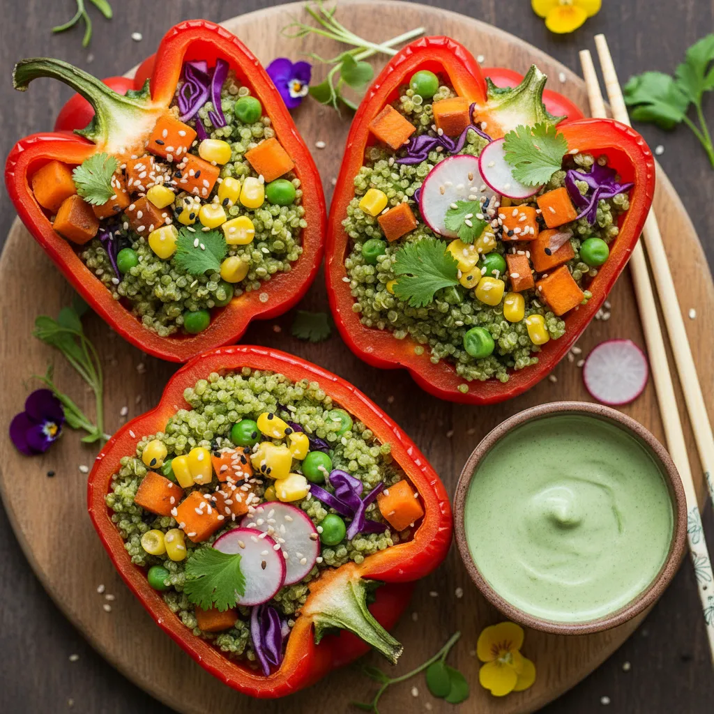 Savory Matcha Quinoa-Stuffed Bell Peppers with Rainbow Veggies