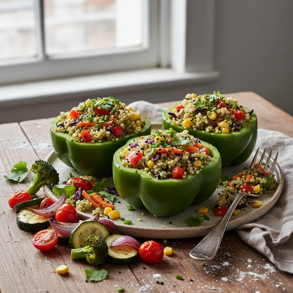 Savory Matcha Quinoa-Stuffed Bell Peppers with Rainbow Veggies