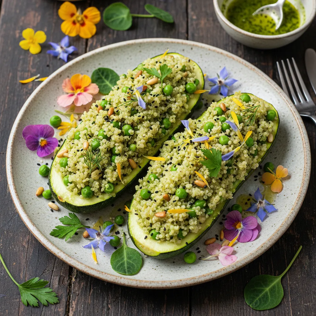 Savory Matcha Quinoa-Stuffed Zucchini with Edible Flowers