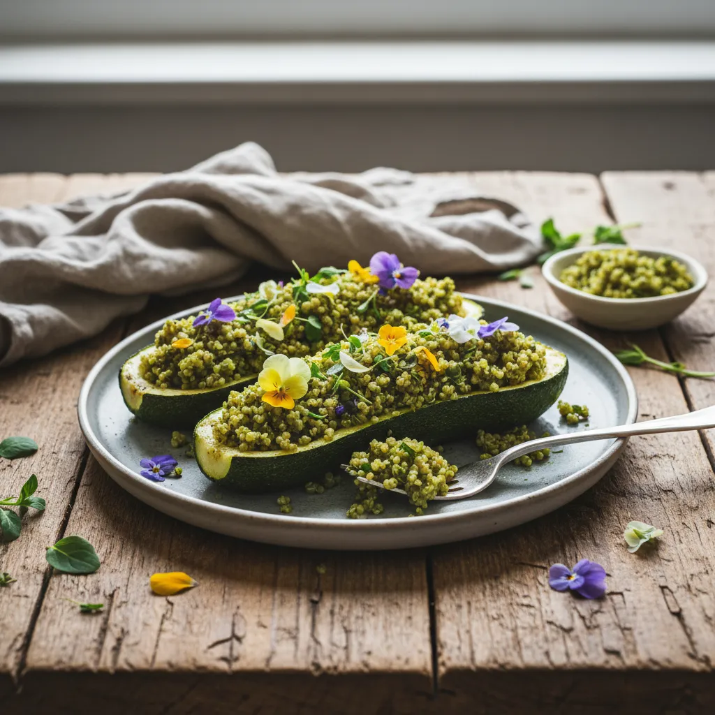 Savory Matcha Quinoa-Stuffed Zucchini with Edible Flowers