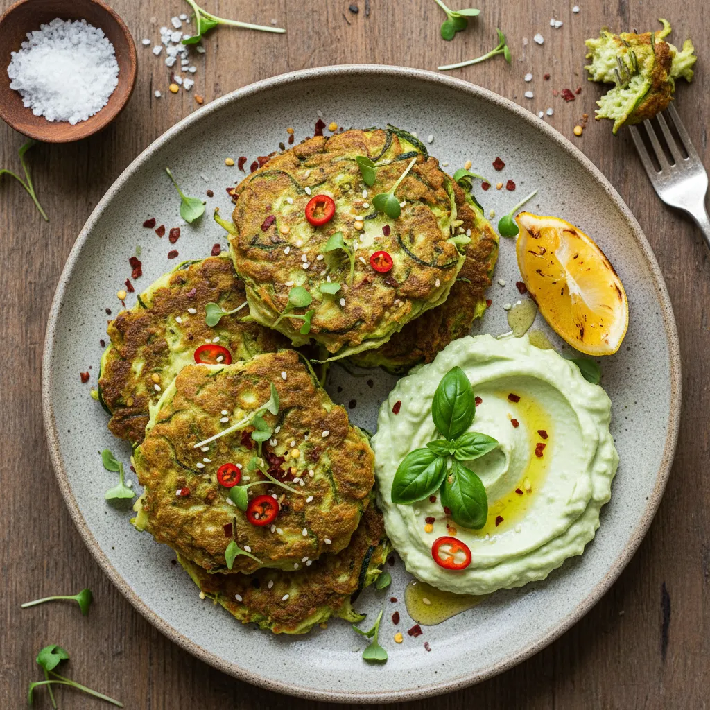 Savory Matcha Zucchini Fritters with Avocado Basil Dip