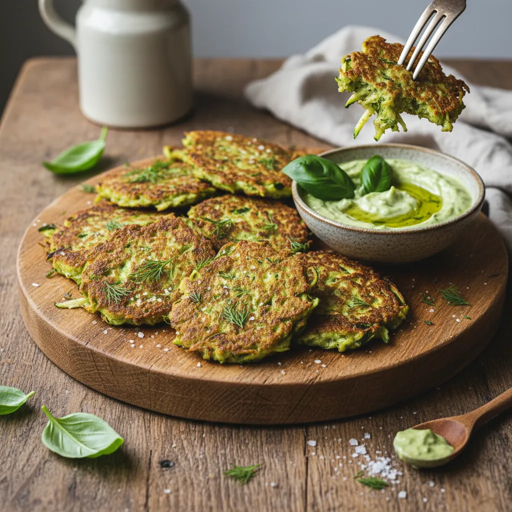 Savory Matcha Zucchini Fritters with Avocado Basil Dip