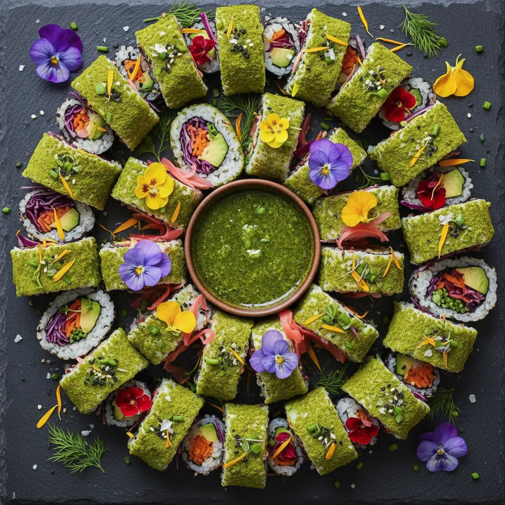 Savory Matcha and Edible Flower Quinoa Sushi Rolls
