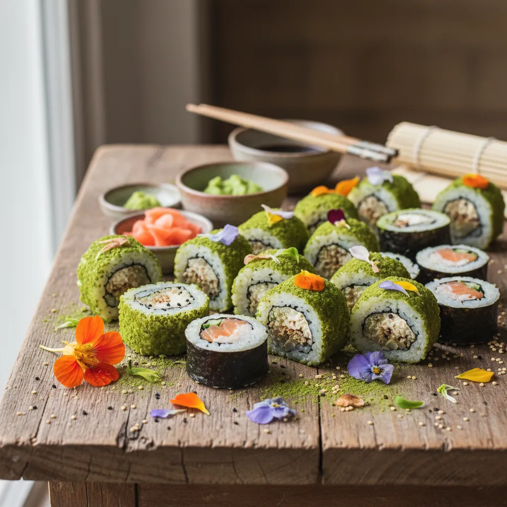 Savory Matcha and Edible Flower Quinoa Sushi Rolls