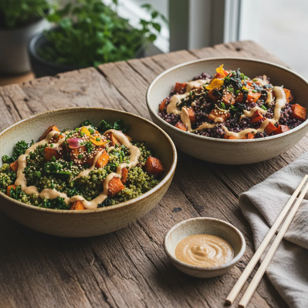 Savory Matcha and Sweet Potato Quinoa Bowls with Miso Drizzle