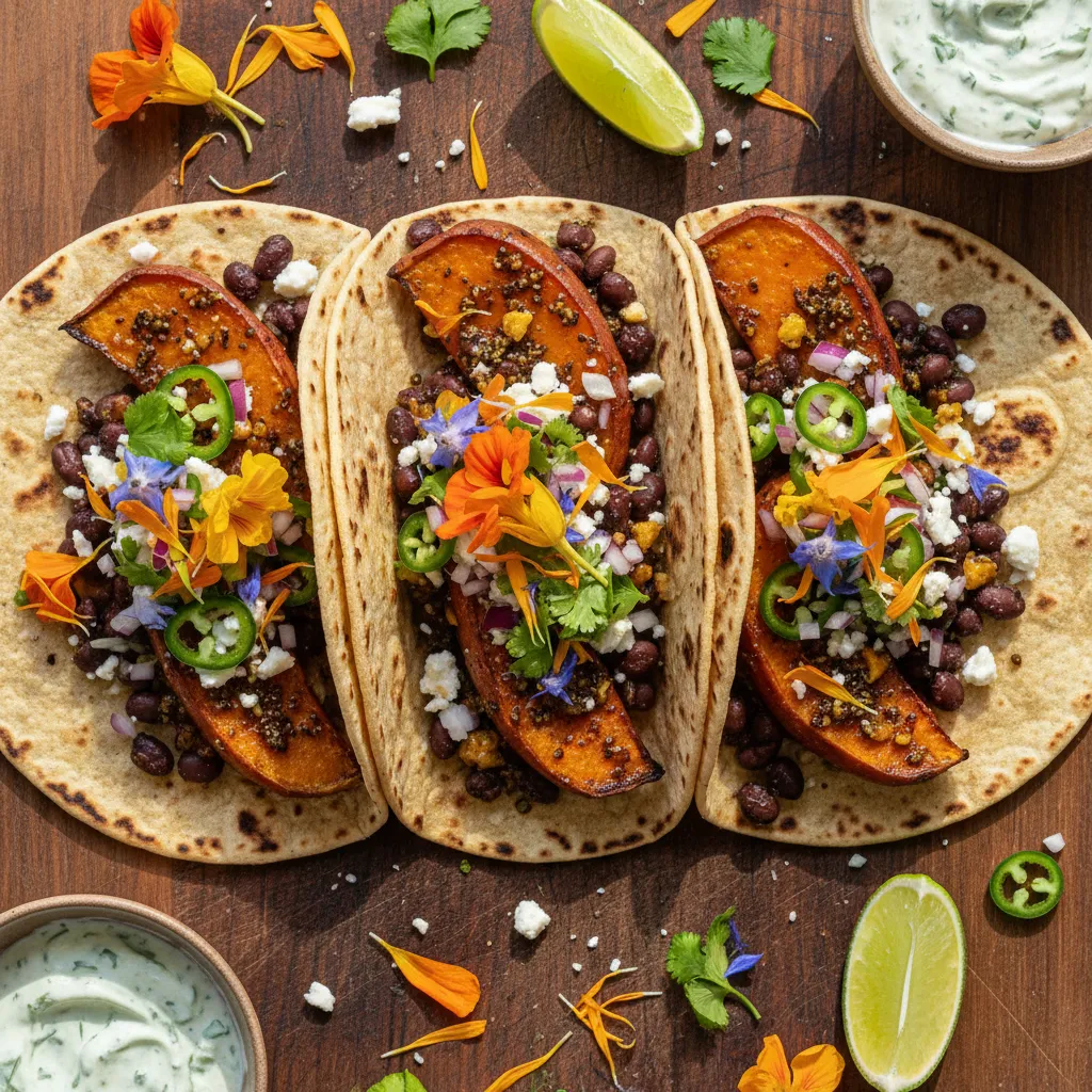 Savory Miso-Baked Sweet Potato Tacos with Edible Flower Salsa