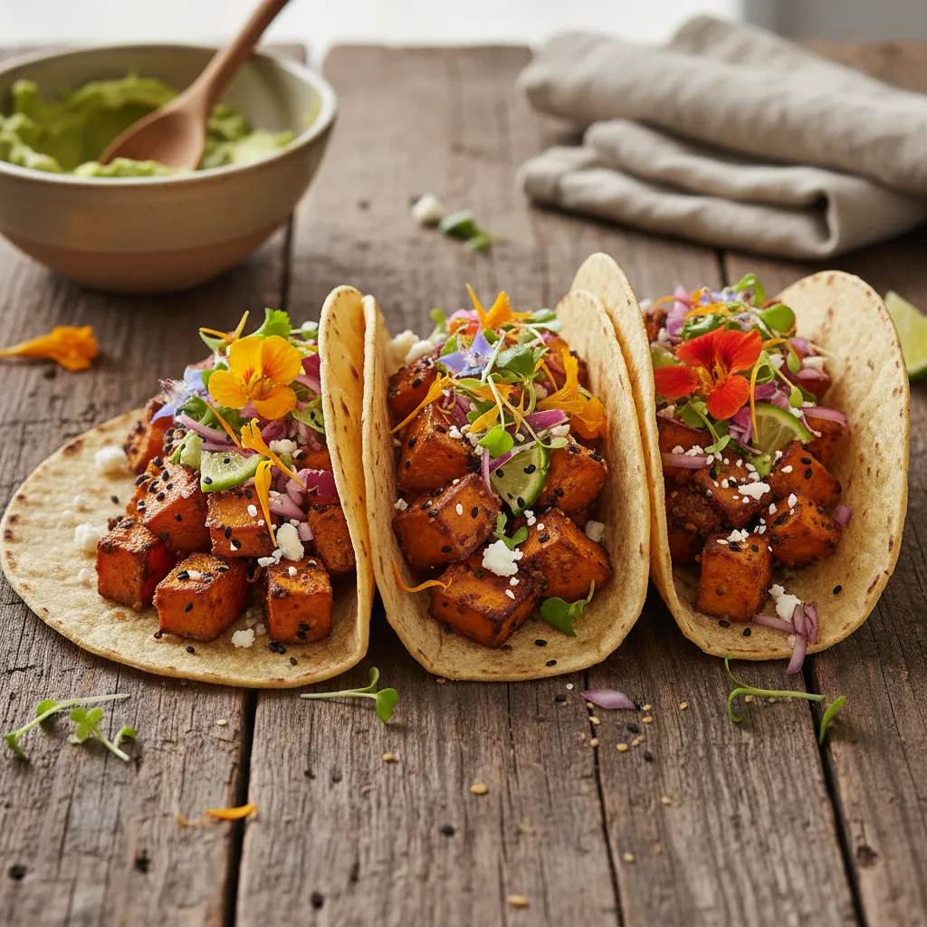 Savory Miso-Baked Sweet Potato Tacos with Edible Flower Salsa