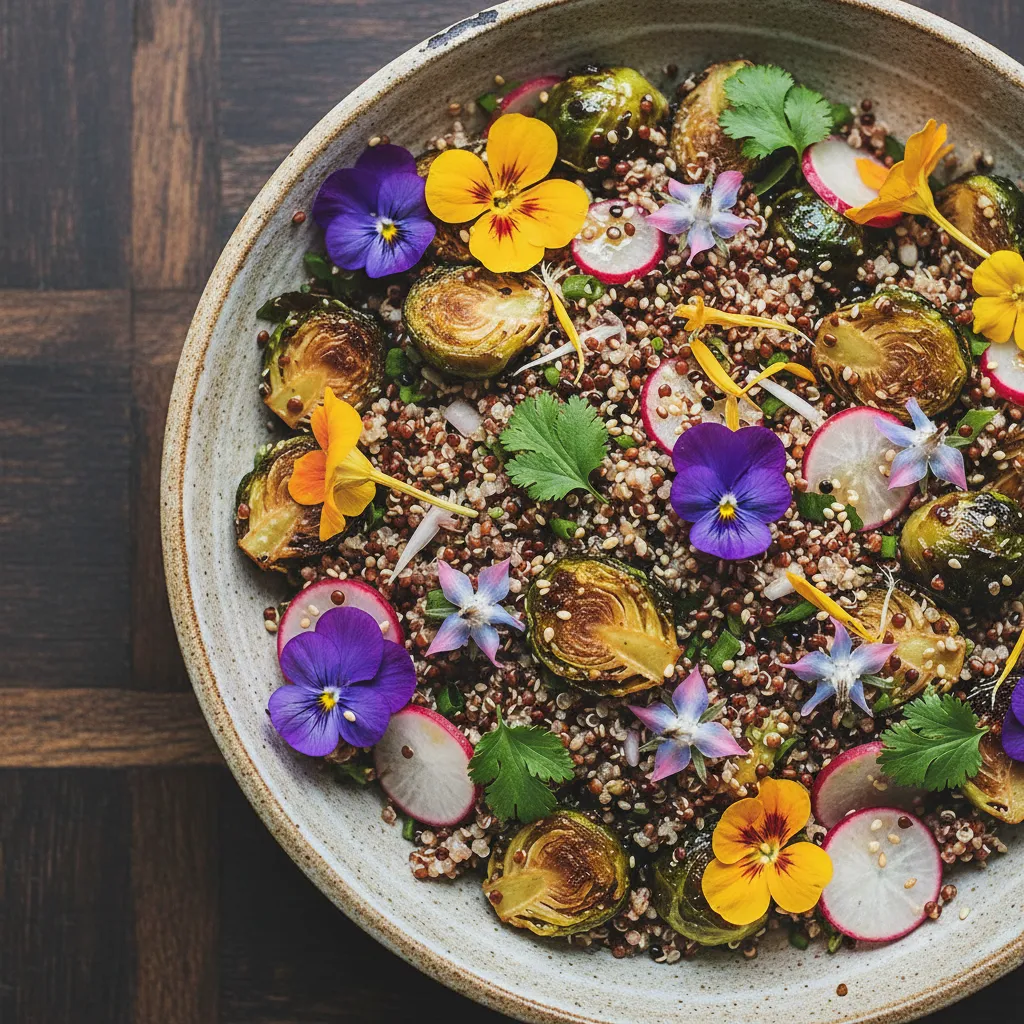 Savory Miso-Glazed Brussels Sprouts and Quinoa Salad with Edible Flowers