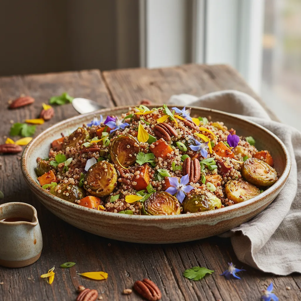 Savory Miso-Glazed Brussels Sprouts and Quinoa Salad with Edible Flowers
