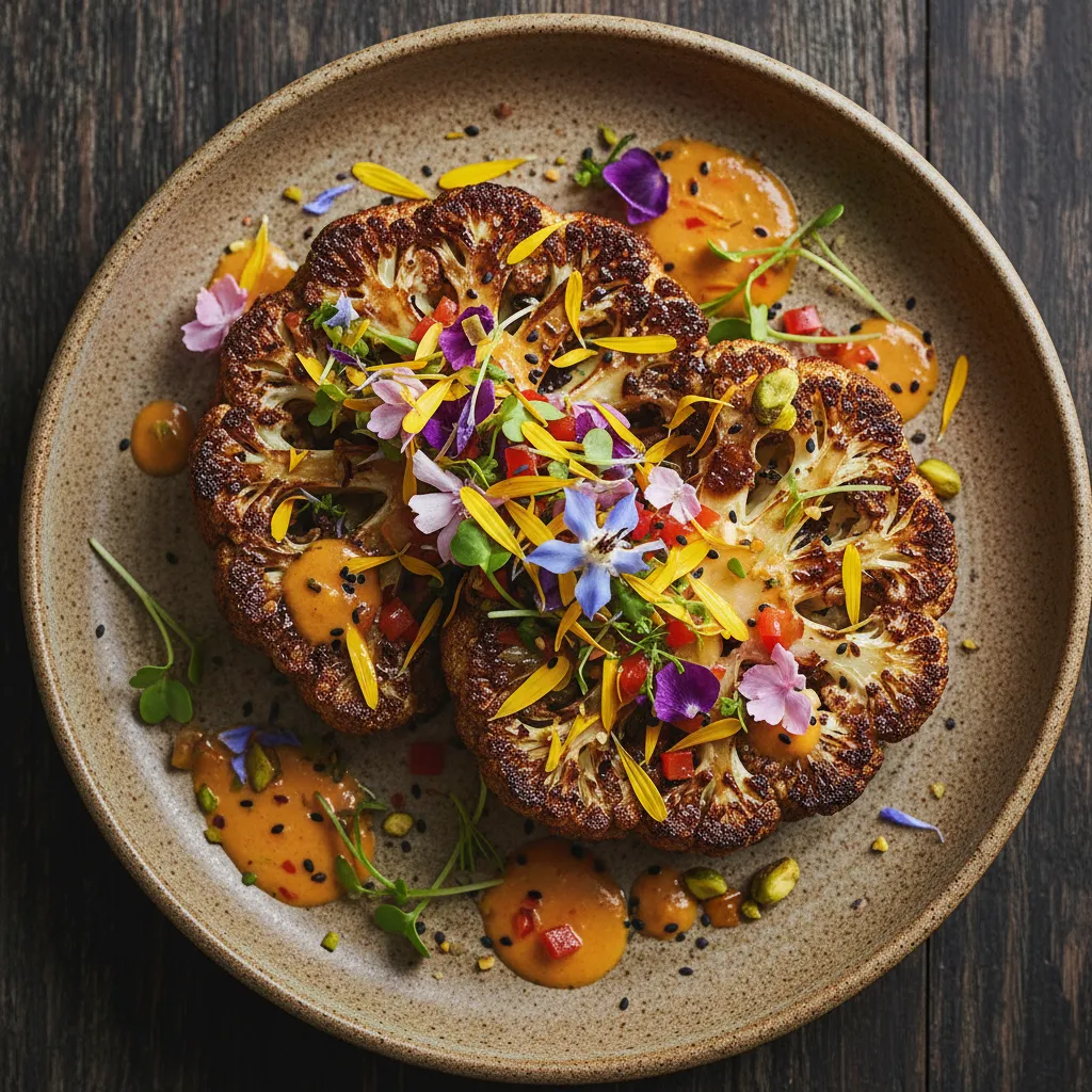 Savory Miso-Glazed Cauliflower Steaks with Edible Flower Salsa
