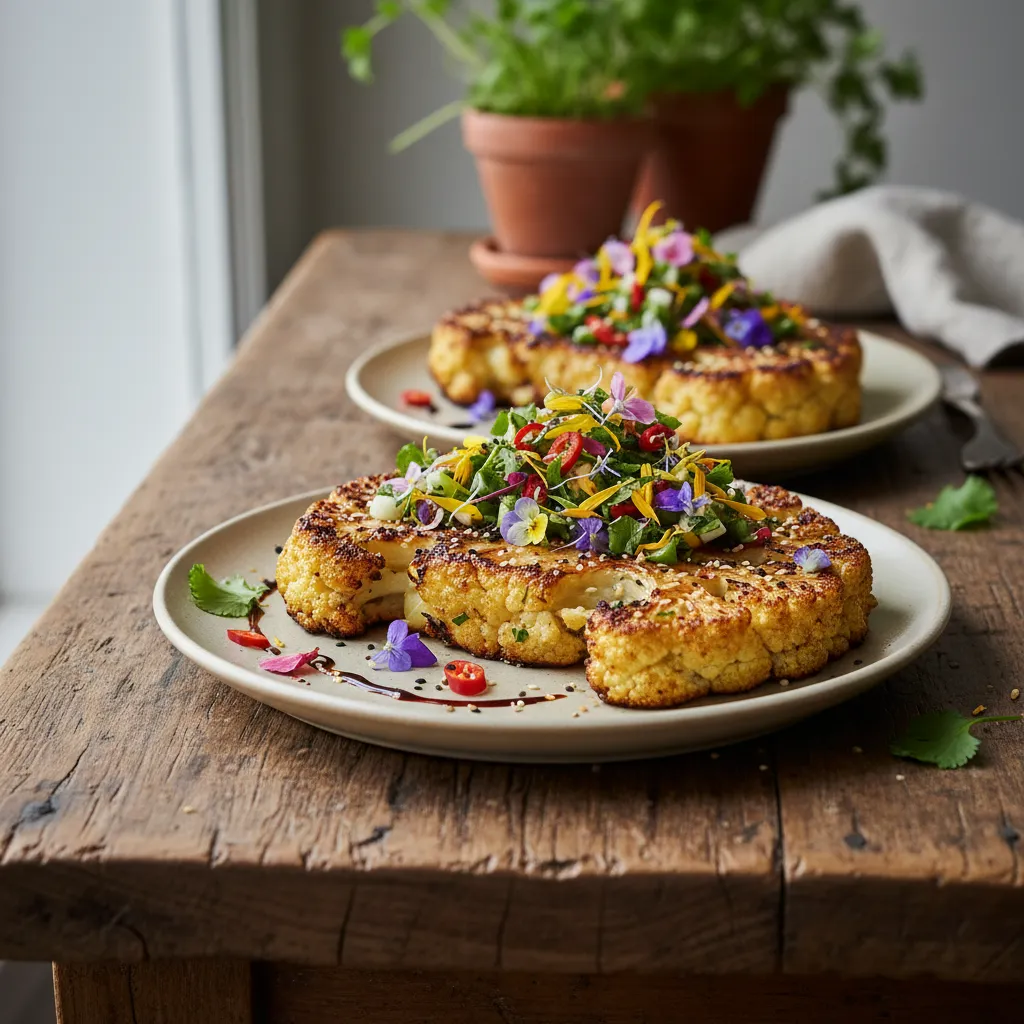 Savory Miso-Glazed Cauliflower Steaks with Edible Flower Salsa