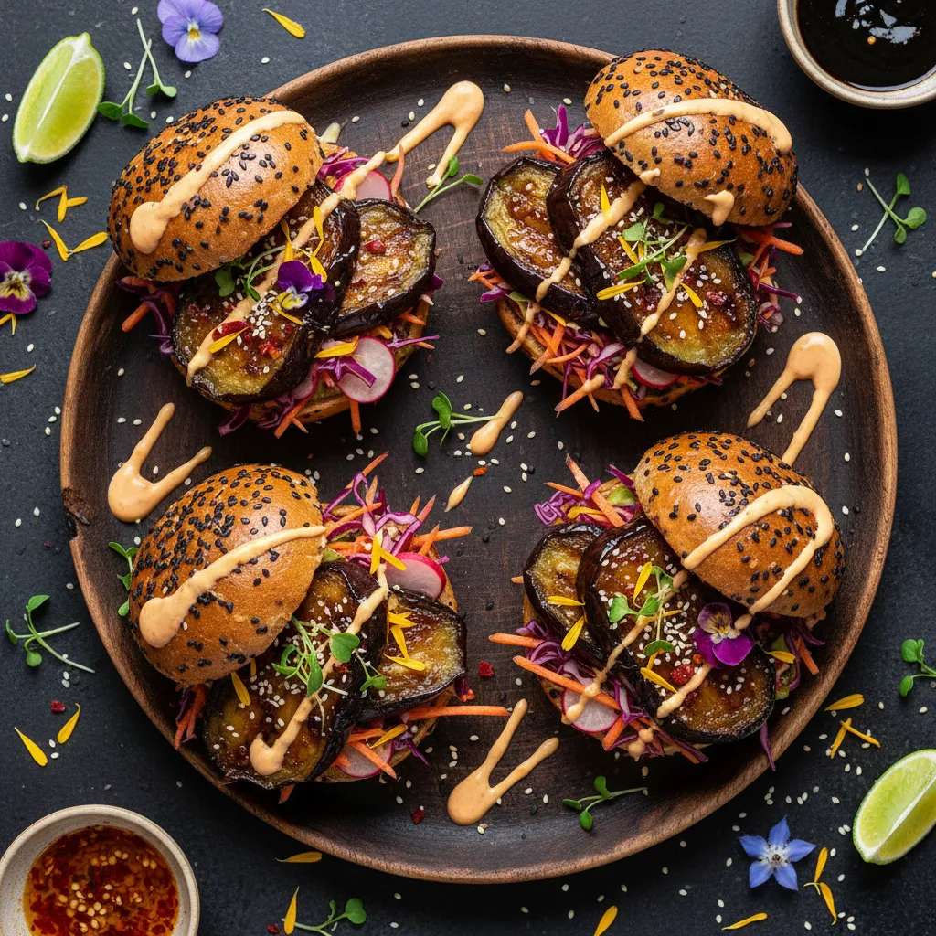 Savory Miso-Glazed Eggplant Sliders with Edible Flower Slaw