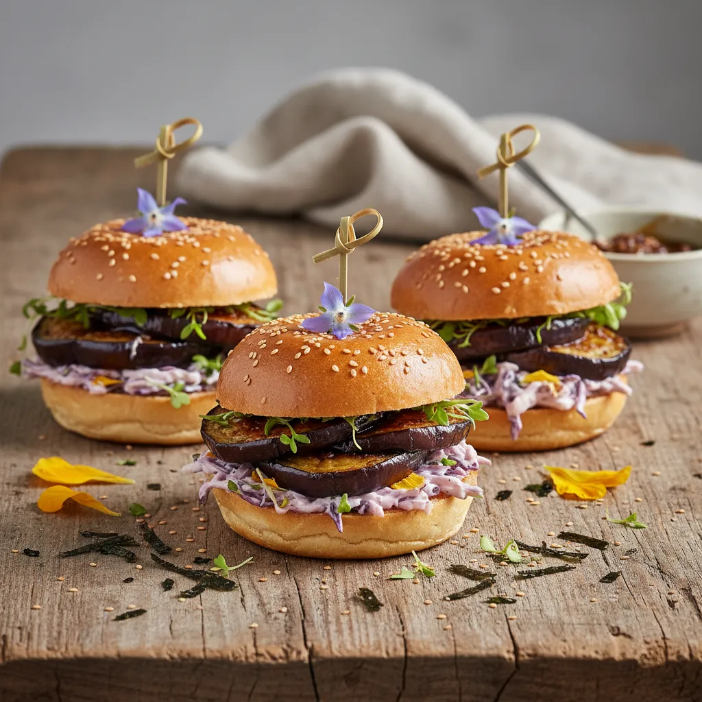 Savory Miso-Glazed Eggplant Sliders with Edible Flower Slaw