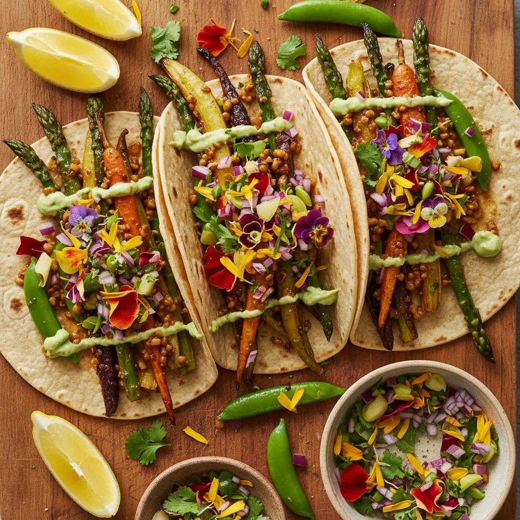 Savory Miso-Glazed Spring Veggie Tacos with Edible Flower Salsa