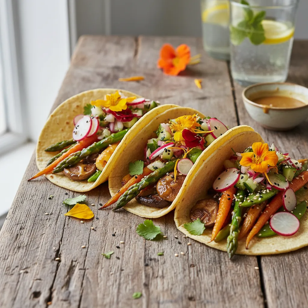 Savory Miso-Glazed Spring Veggie Tacos with Edible Flower Salsa