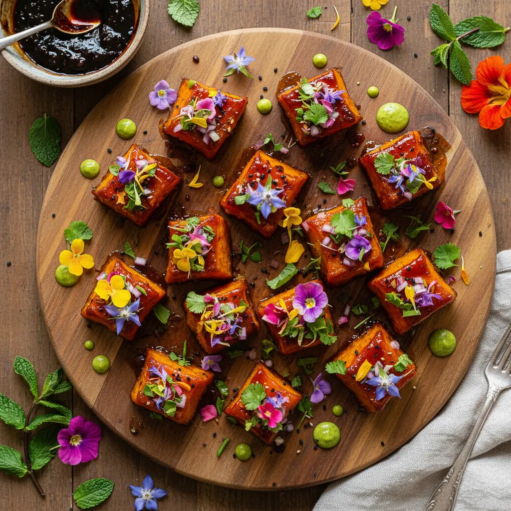 Savory Miso-Glazed Sweet Potato Bites with Edible Flower Salsa