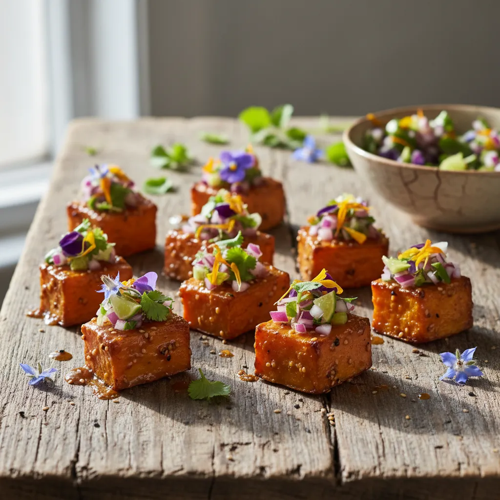 Savory Miso-Glazed Sweet Potato Bites with Edible Flower Salsa