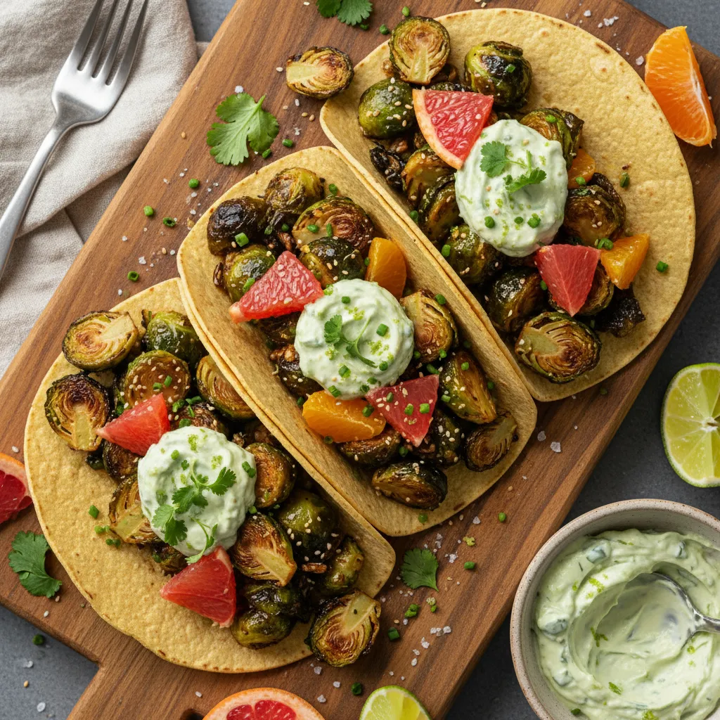 Savory Miso-Maple Brussels Sprouts Tacos with Avocado Citrus Cream