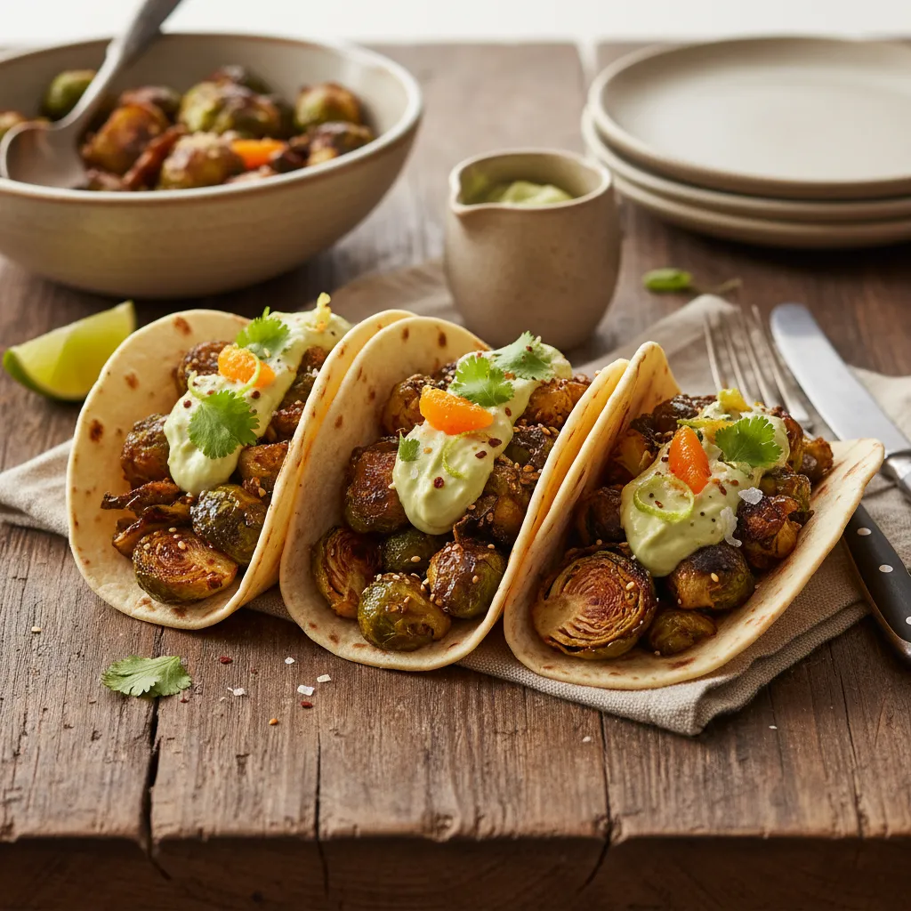 Savory Miso-Maple Brussels Sprouts Tacos with Avocado Citrus Cream