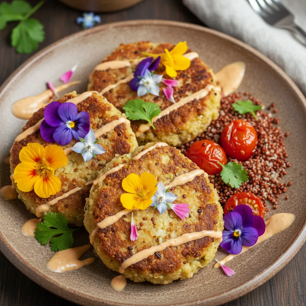 Savory Miso Cauliflower and Quinoa Cakes with Edible Flower Garnish