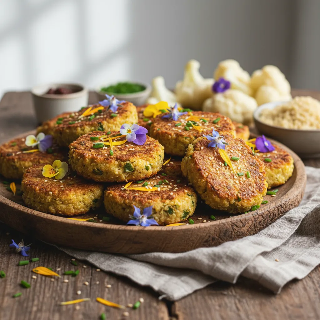 Savory Miso Cauliflower and Quinoa Cakes with Edible Flower Garnish