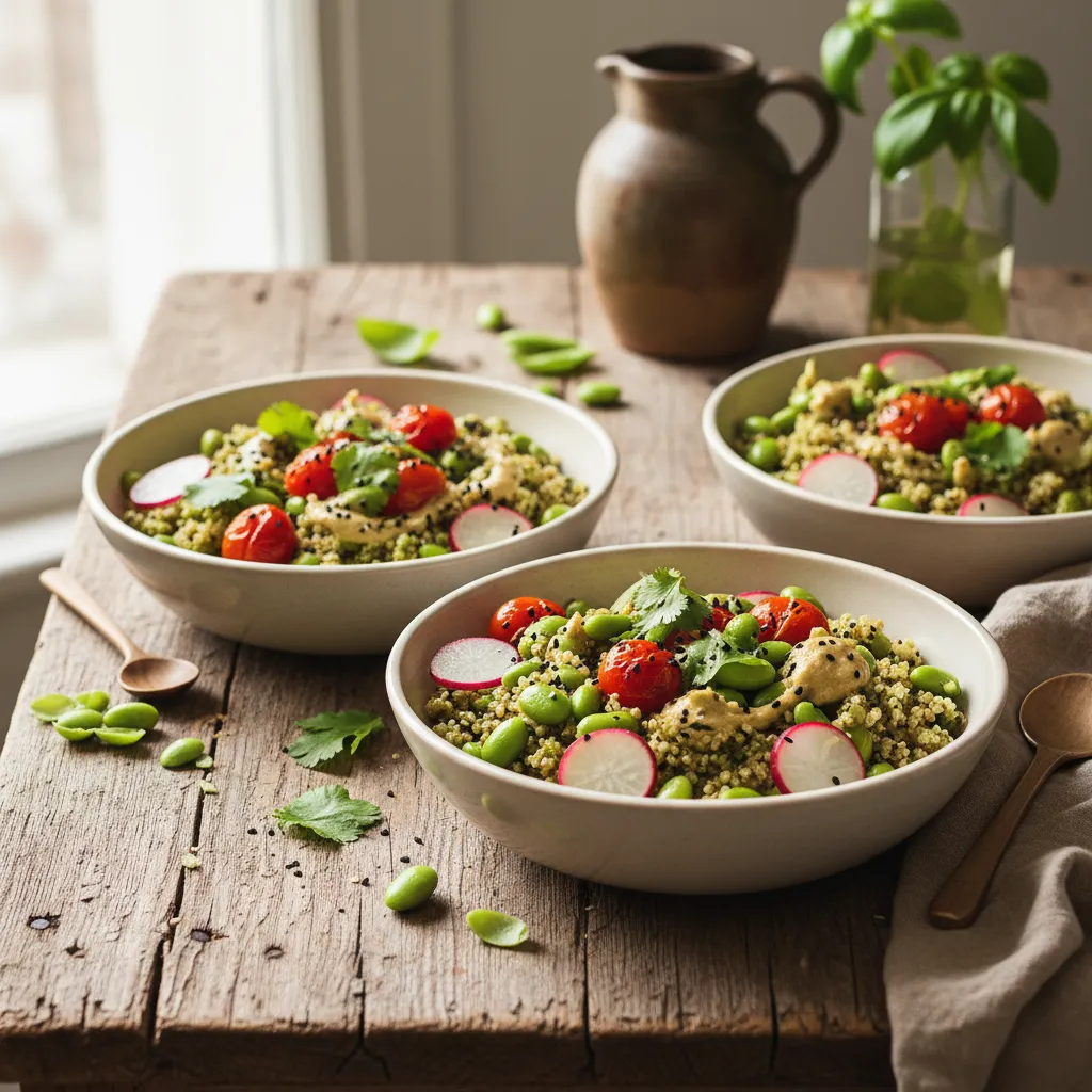 Savory Miso Edamame Quinoa Pesto Bowls