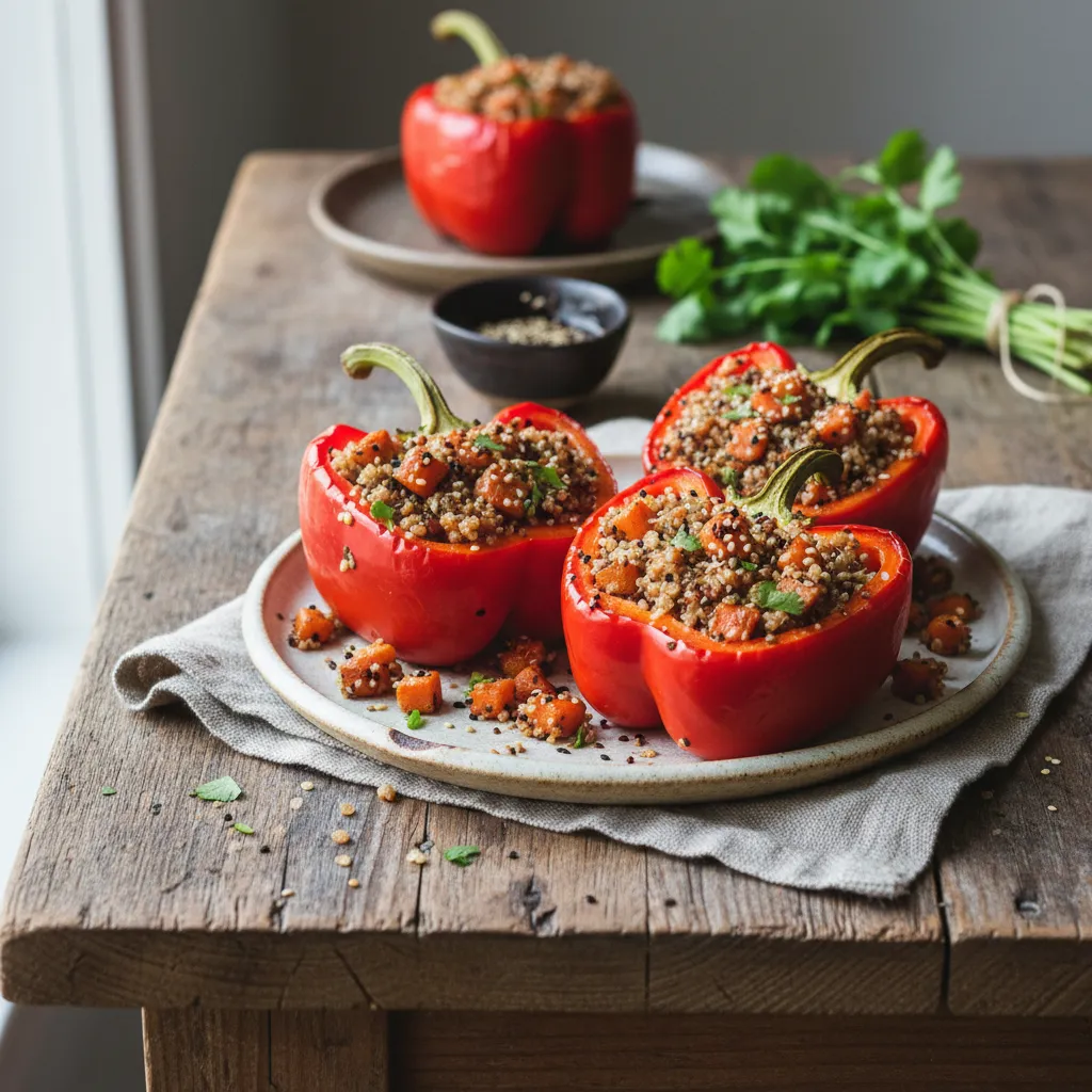 Savory Miso Glazed Carrot and Quinoa Stuffed Bell Peppers