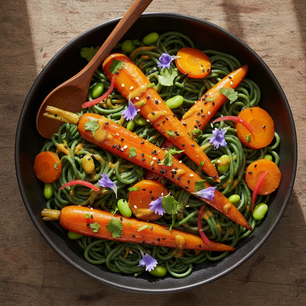 Savory Miso Glazed Carrot and Spirulina Noodle Bowl
