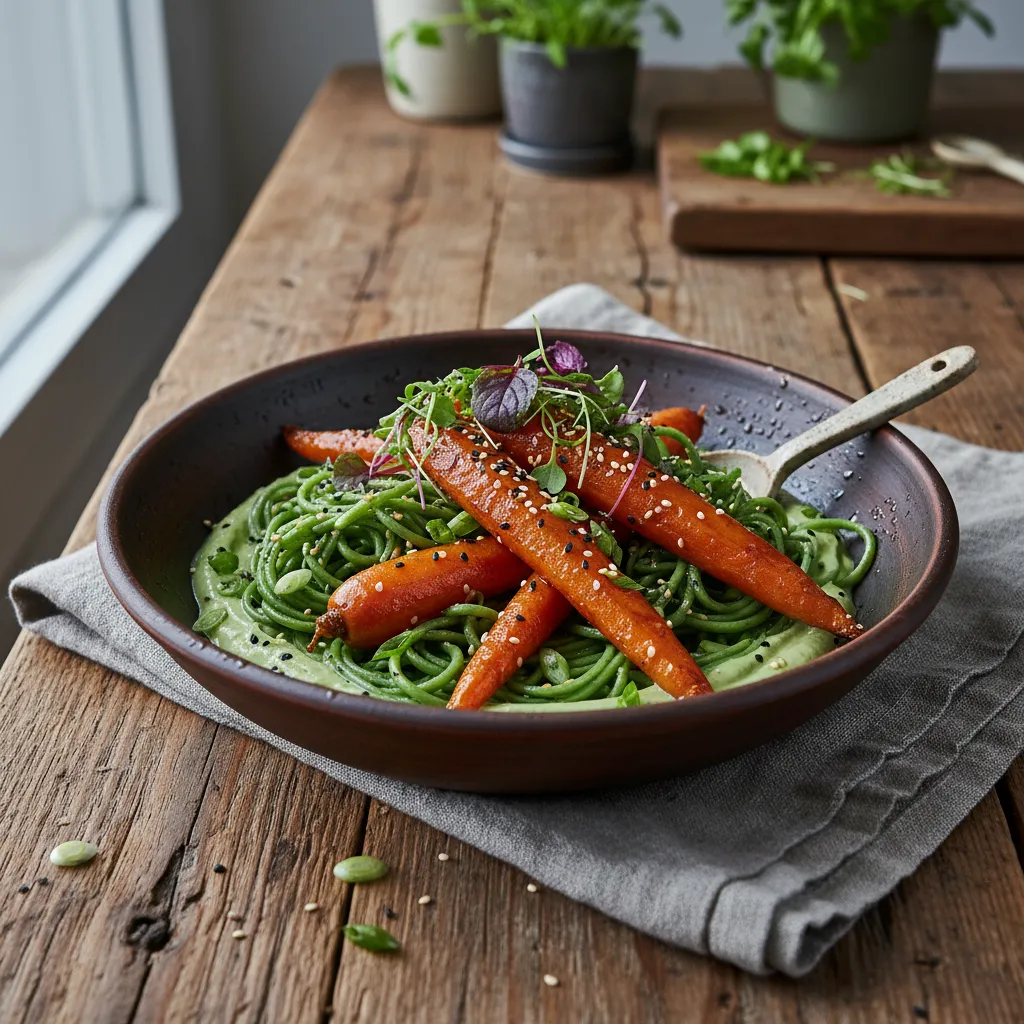 Savory Miso Glazed Carrot and Spirulina Noodle Bowl