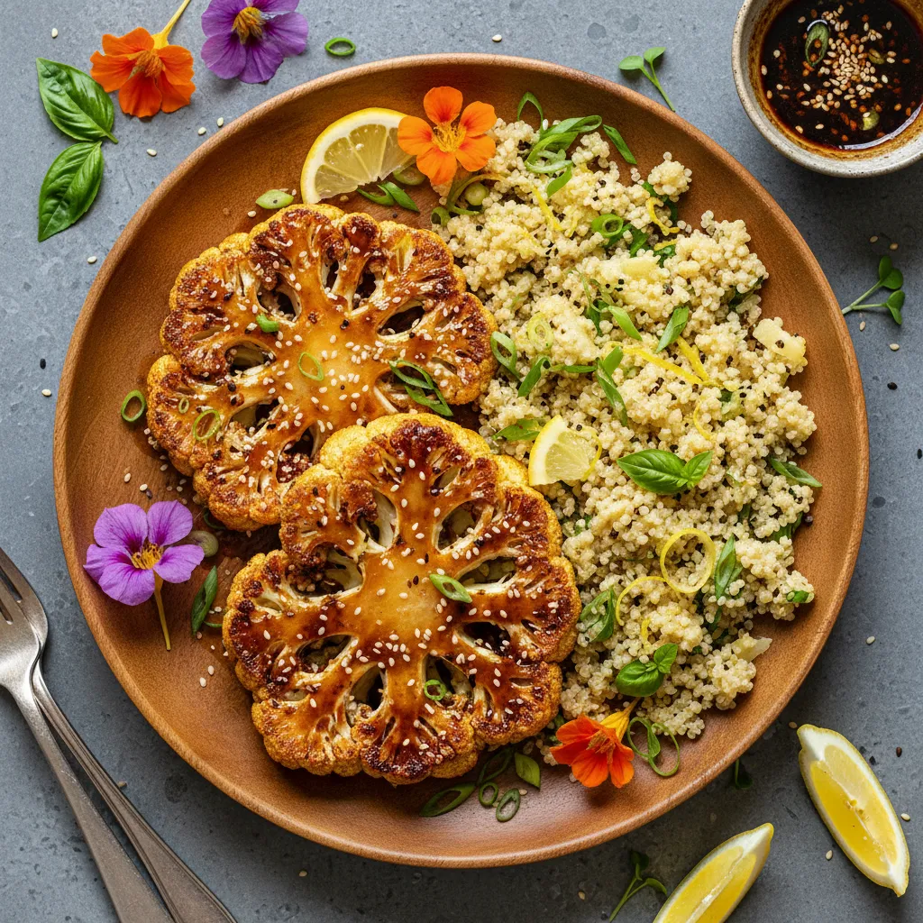 Savory Miso Glazed Cauliflower Steaks with Lemon Basil Quinoa