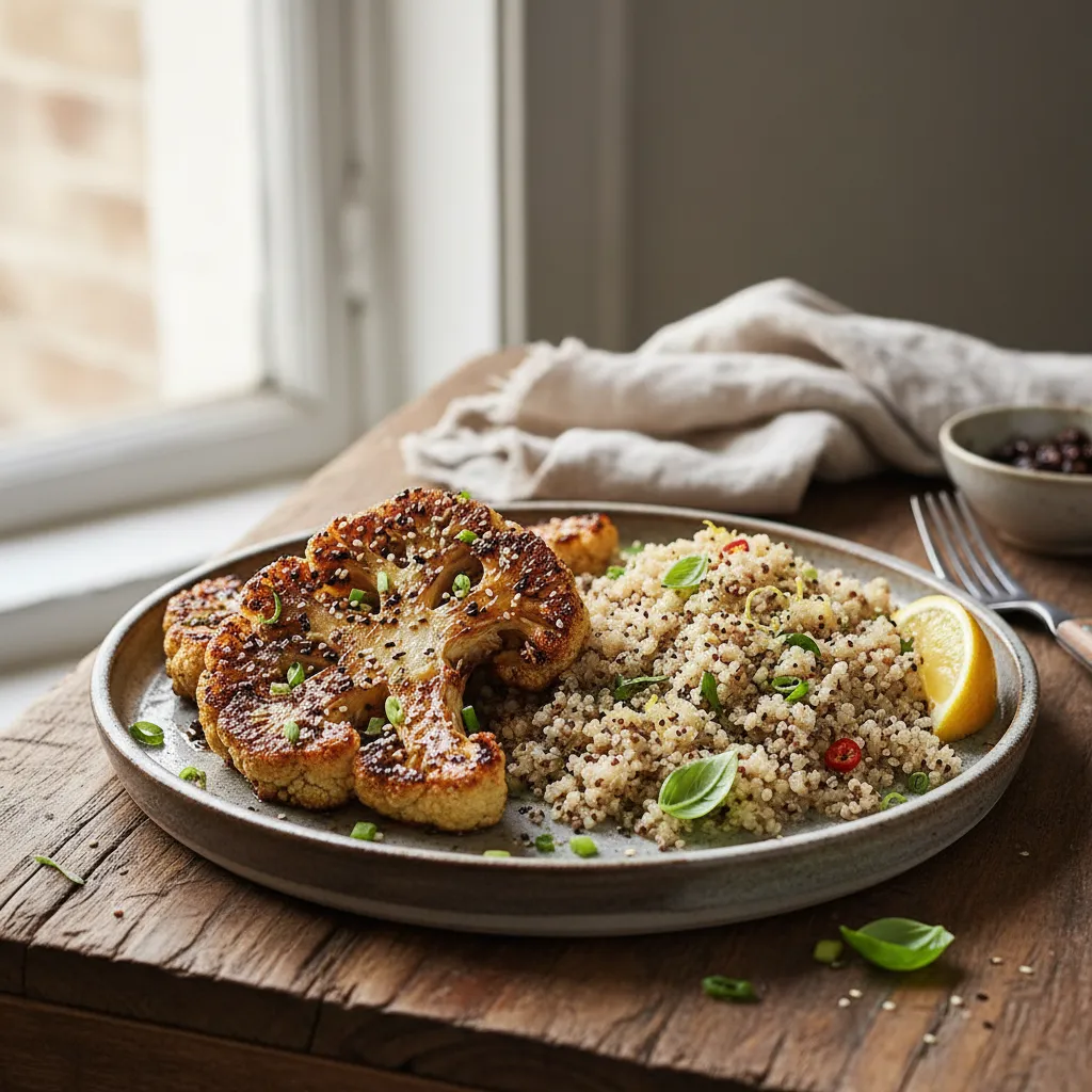 Savory Miso Glazed Cauliflower Steaks with Lemon Basil Quinoa