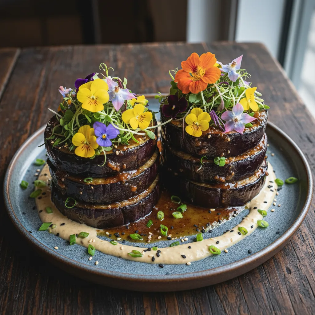 Savory Miso Glazed Eggplant Stacks with Edible Flower Garnish
