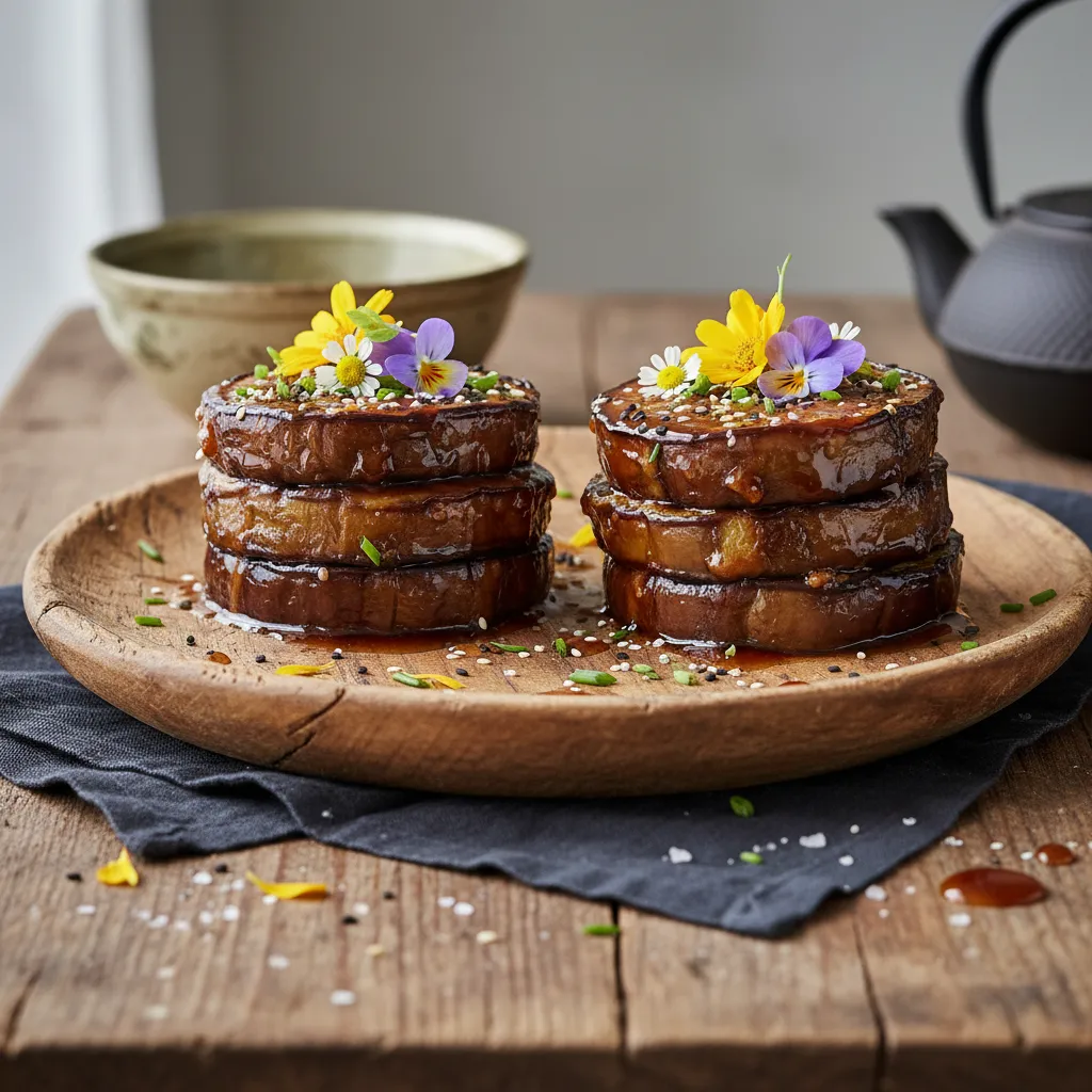 Savory Miso Glazed Eggplant Stacks with Edible Flower Garnish