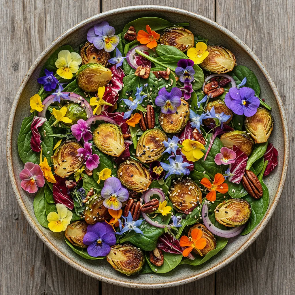Savory Miso Maple Brussels Sprouts and Edible Flower Salad