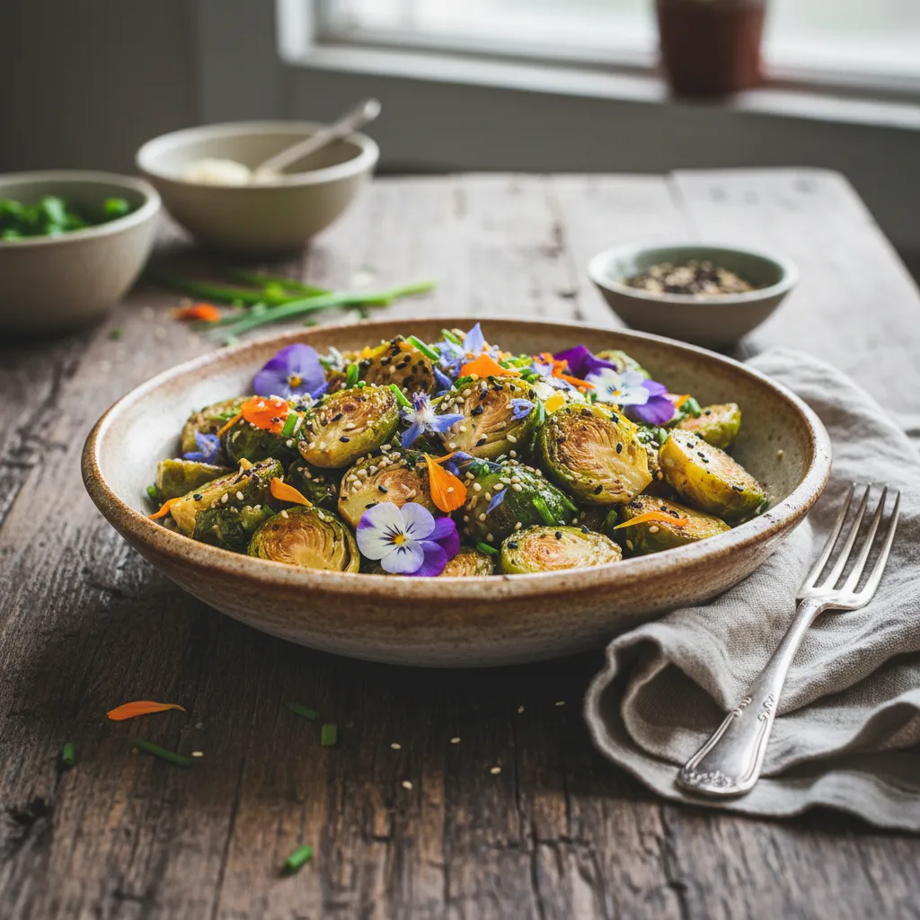 Savory Miso Maple Brussels Sprouts and Edible Flower Salad