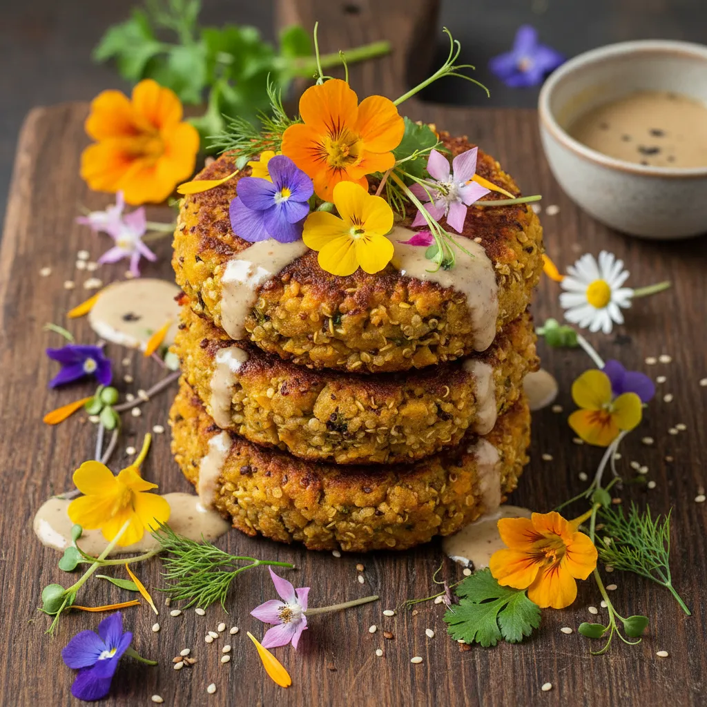Savory Miso Pumpkin Quinoa Cakes with Edible Flowers
